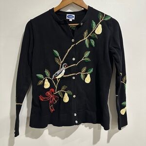 TABI Partridge in A Pear Tree Embroidered Black 100% Cotton Cardigan Size M